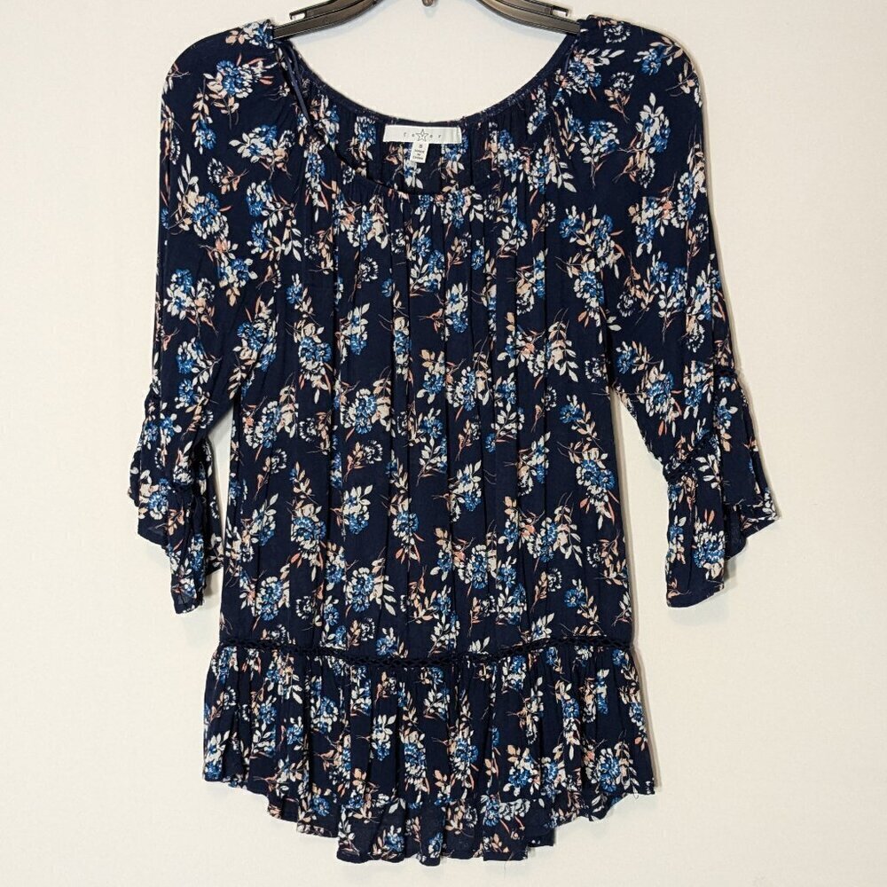 FEVER Blue Floral Sheer Chiffon Ruffle Boho Peasant Top; Size S